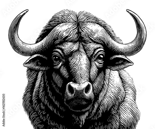 Bull head close up front view, black and white engraved vector