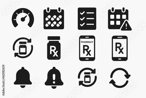 Pharmacy, medication solid icon set. prescription, alerts solid collection