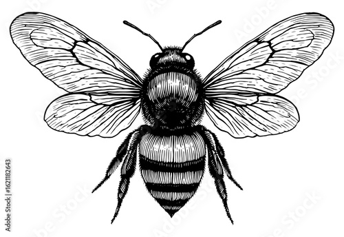 Detailed bee illustration top-down view, black and white engraved vector