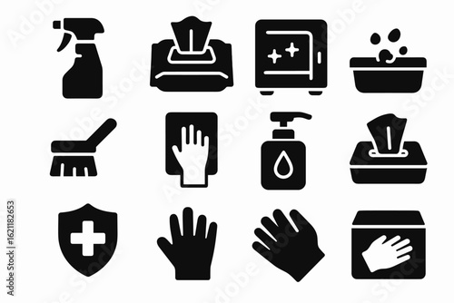 Cleaning and hygiene filled icon set. sanitation, disinfectant, safety icons collection