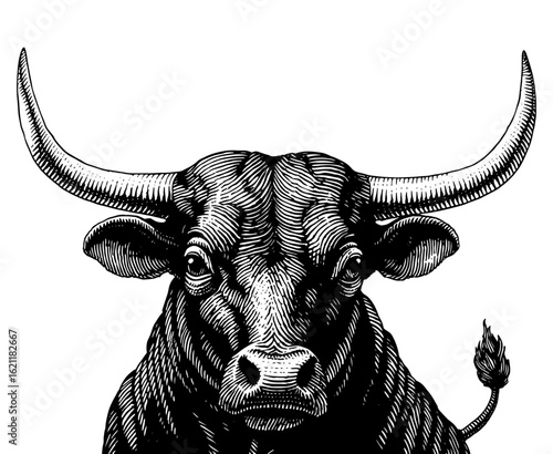 Bull front view portrait, black and white engraved vector