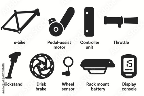 Electric bike silhouette icon set. eco, urban, cycling, transport, technology icons