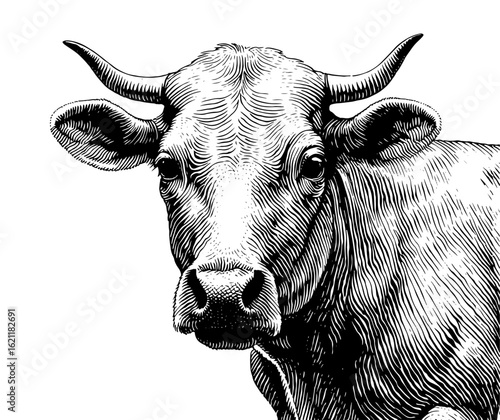 A cow looking forward, black and white engraved vector