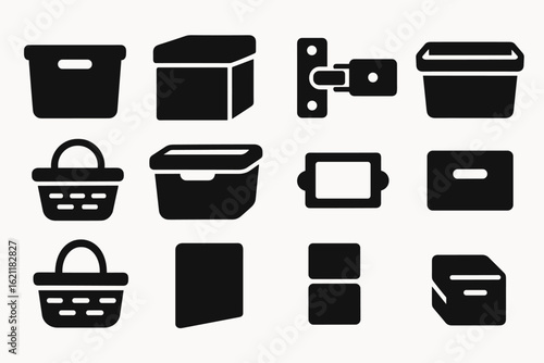 Storage containers solid icon set with boxes, baskets, and lids in black silhouettes