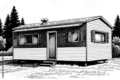 Mobile home in a retro woodcut style in black and white