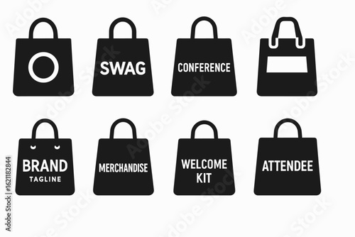 Conference tote bag filled icon set. event merchandise, branding, attendee graphics