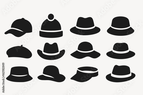 Hat silhouette icon set. various caps and hats in bold silhouette design
