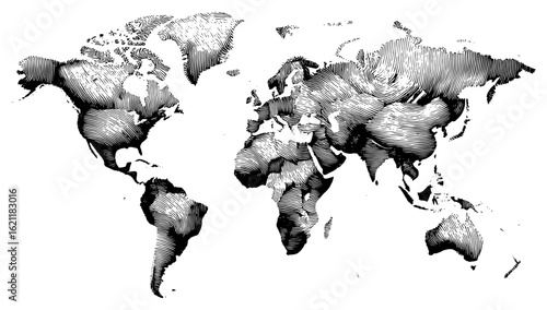 World map in a black and white vintage woodcut style