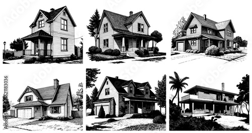 Set of house illustrations in a black and white woodcut style for real estate or architectural design.
