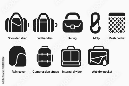 Camping gear silhouette icon set. outdoor, backpack, hiking essentials icons collection