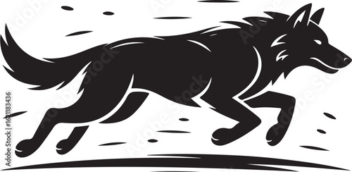 Black wolf running with stylized motion lines white animal