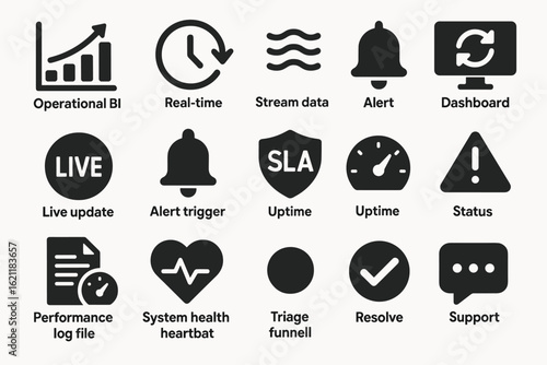 Business analytics solid icon set for data, alerts, and performance dashboards