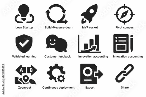 Startup, business solid icon set. tools, strategies for entrepreneurs