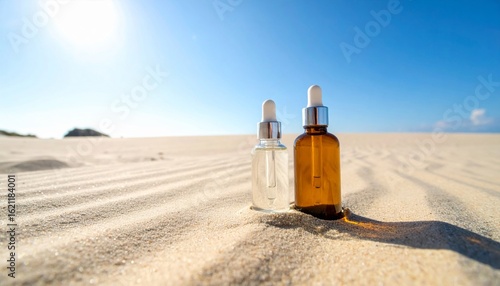 Two Glass Bottles Stand on Sandy Beach with Clear Blue Sky Sunny Day
