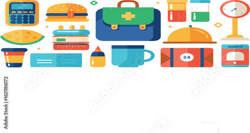 Collection of flat design icons including calculator hamburger medical bag test tubes and coffee cup isolated on white background