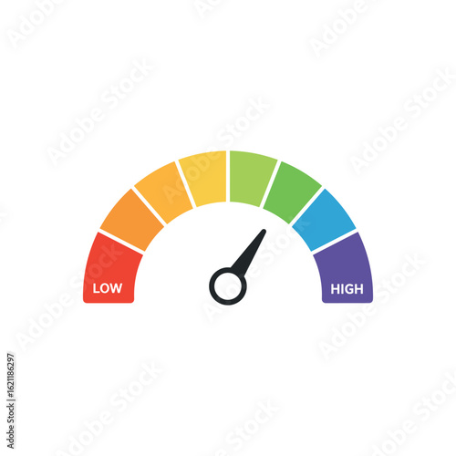 Colorful speedometer gauge with needle pointing to moderate speed level