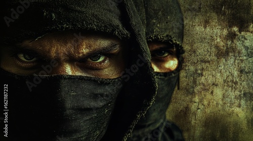 Two masked fighters, symbolizing terrorism, in a battle scene. The focus is on their intense eyes and the grit of war.