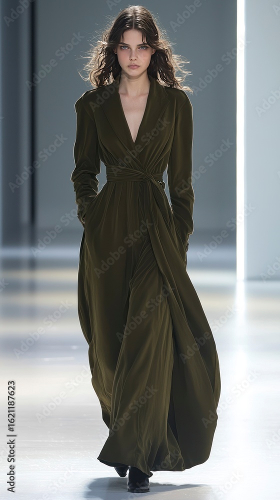 Naklejka premium Italian model walking forward on runway in long olive-colored dress 