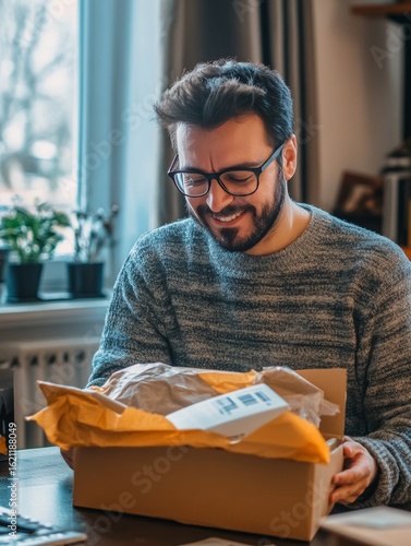 The man is smiling as he opens an Amazon box.