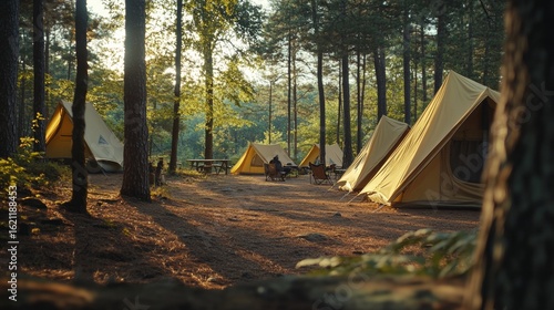 Fototapeta Naklejka Na Ścianę i Meble -  Colorful canvas tents under tall trees in a serene forest camping area. A group of families enjoying the great outdoors together.