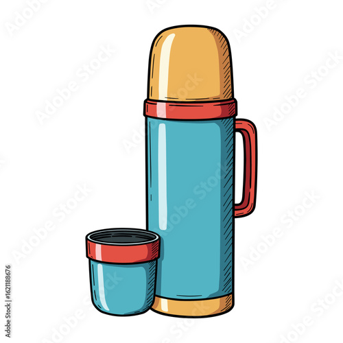 Colorful vintage thermos with cup, retro design for outdoor adventures