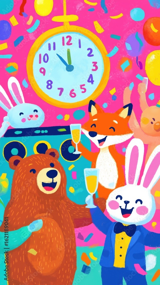 Naklejka premium Colorful animal party celebration with clock confetti and balloons