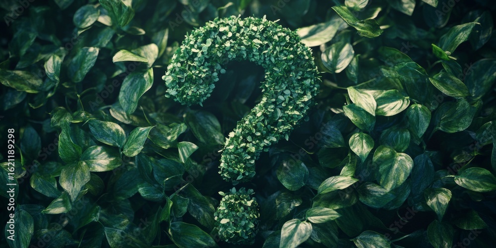 Obraz premium Image of a question mark symbol made from leaves, set against the backdrop of greenery.