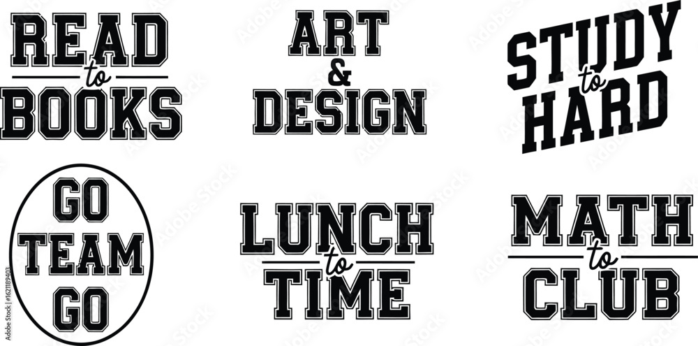 Obraz premium Vintage varsity typography collection, set of 6 collegiate style school slogans, retro academic lettering for t-shirt design and apparel