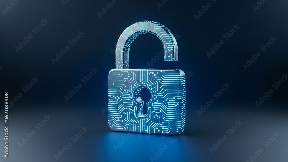 Fototapeta premium Glowing neon padlock representing digital data security and encryption.