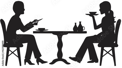 Silhouette of two women sitting at a table with dishes and vases in a restaurant setting in black and white created with generated ai