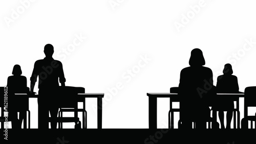 Silhouette of people in an auditorium setting with desks and chairs in a classroom environment scene created with generated ai