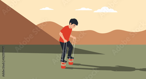 Boy Learns to Walk on Homemade Stilts Outdoors at Mountain Scenery