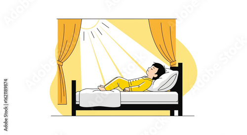 Boy Lies Comfortably In Bed Bathed In Early Morning Sunlight