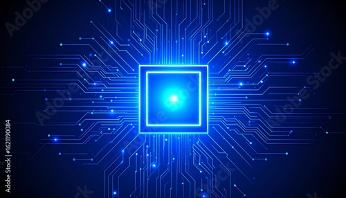 Futuristic Digital Circuit Board Glowing Blue Lines and Square Core Abstract Technology.