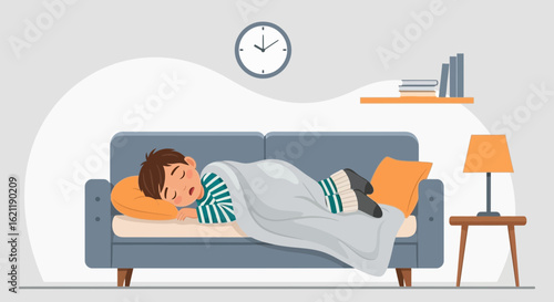 Boy Napping Comfortably On Couch Inside His Home During Daytime