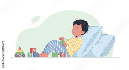 Boy Napping With Educational Building Blocks During Relaxing Afternoon Game Time