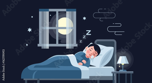 Boy Peacefully Sleeping In His Bed In Dark Room At Night