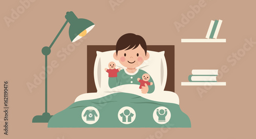 Boy Playing With Hand Puppets In Bed At Night Before Sleep Time