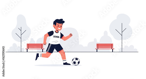 Boy Plays Soccer In Park After School Having Happy And Fun Time