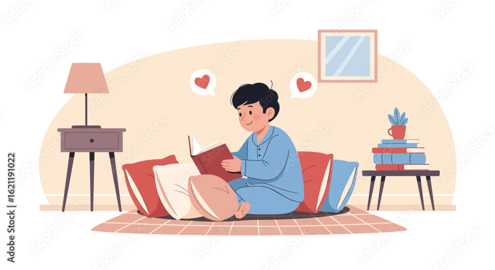 Fototapeta premium Boy Reading A Book Surrounded By Pillows In A Cozy Home Atmosphere