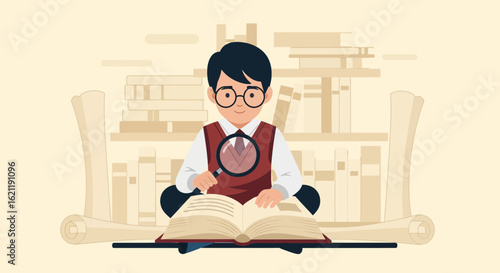 Boy Reading Book Using Magnifying Glass With Bookshelf And Scroll Behind Him