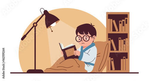 Boy Reads In Bed At Night With Lamp And Bookcase Illustration