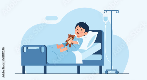 Boy Recovering In Hospital Bed With Teddy Bear For Pediatric Healthcare