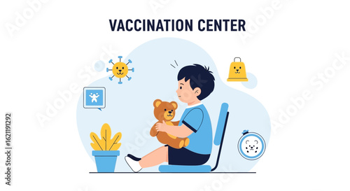 Boy Receiving Vaccine At Vaccination Center With His Plush Teddy Bear Toy