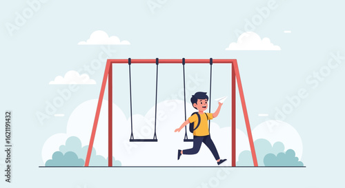 Boy Runs From Swing Set Holding A Paper Airplane On Cloudy Sky Day