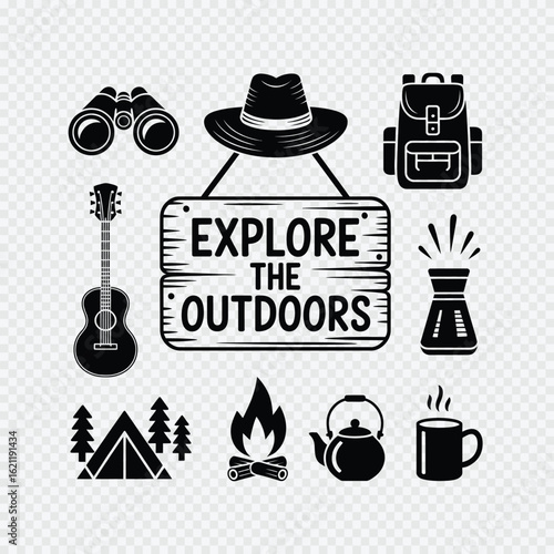 Black silhouette illustration of camping and outdoor adventure gear with explore the outdoors