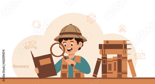 Boy Scout Reading And Researching With Magnifying Glass Near Books Vector