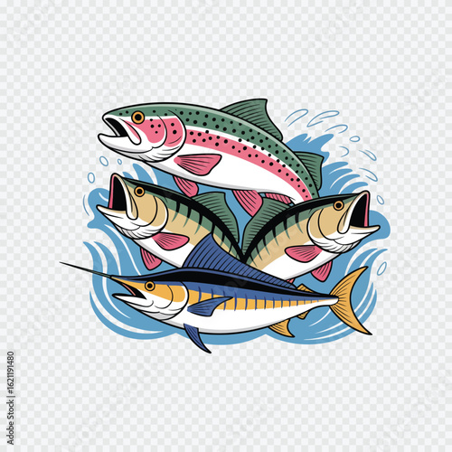 Dynamic illustration of salmon, trout, and marlin leaping from the water, symbolizing the excitement of fishing