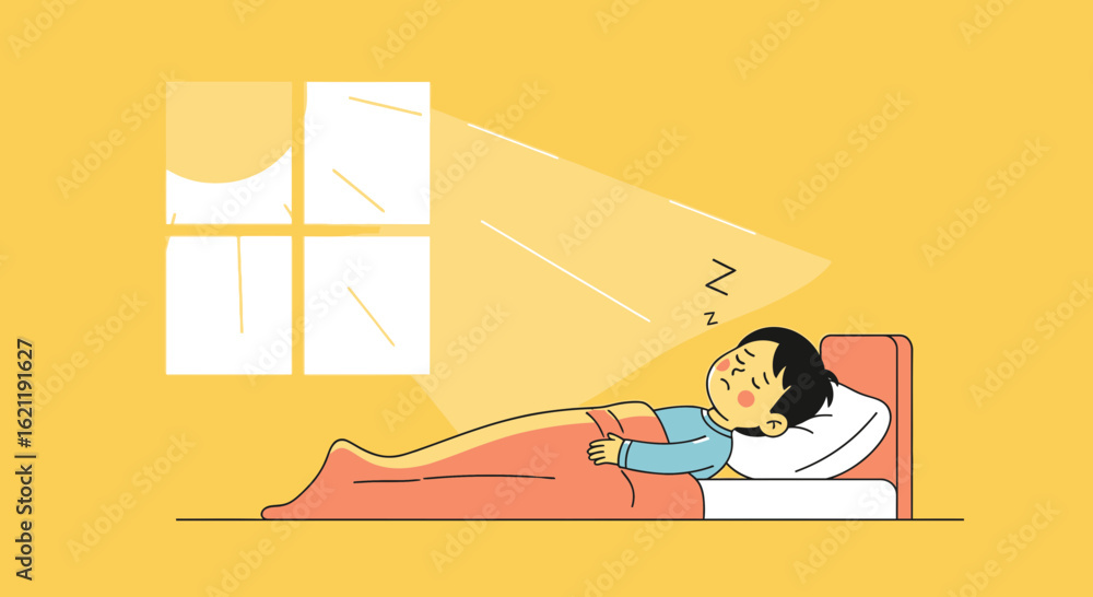 Fototapeta premium Boy Sleeping Peacefully In Bed With Sun Light Morning Through Window