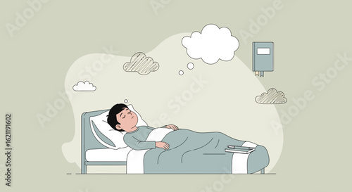 Boy Sleeping Peacefully Dreaming Above His Bed In Bedroom Illustration